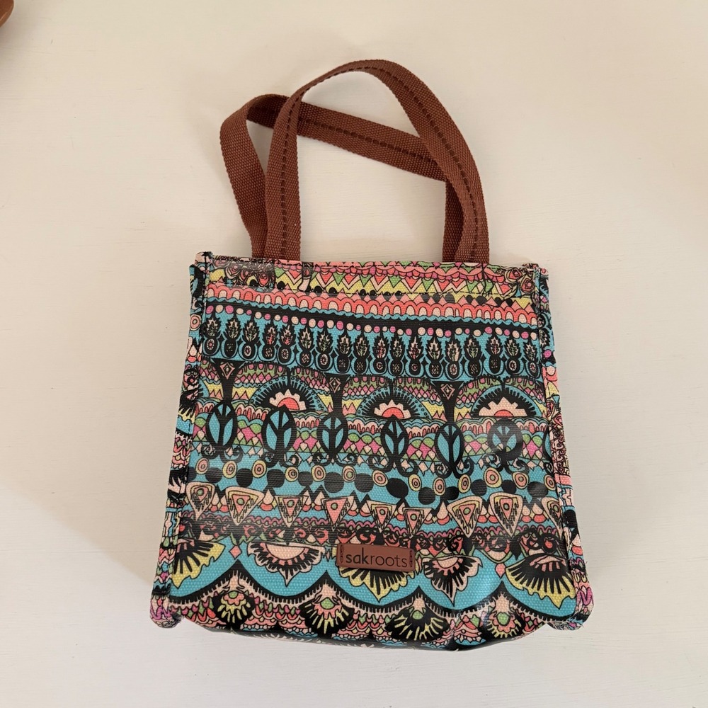 Sakroots Insulated Lunch Bag Boho Artist Print Multi Color Coated Canvas Tote